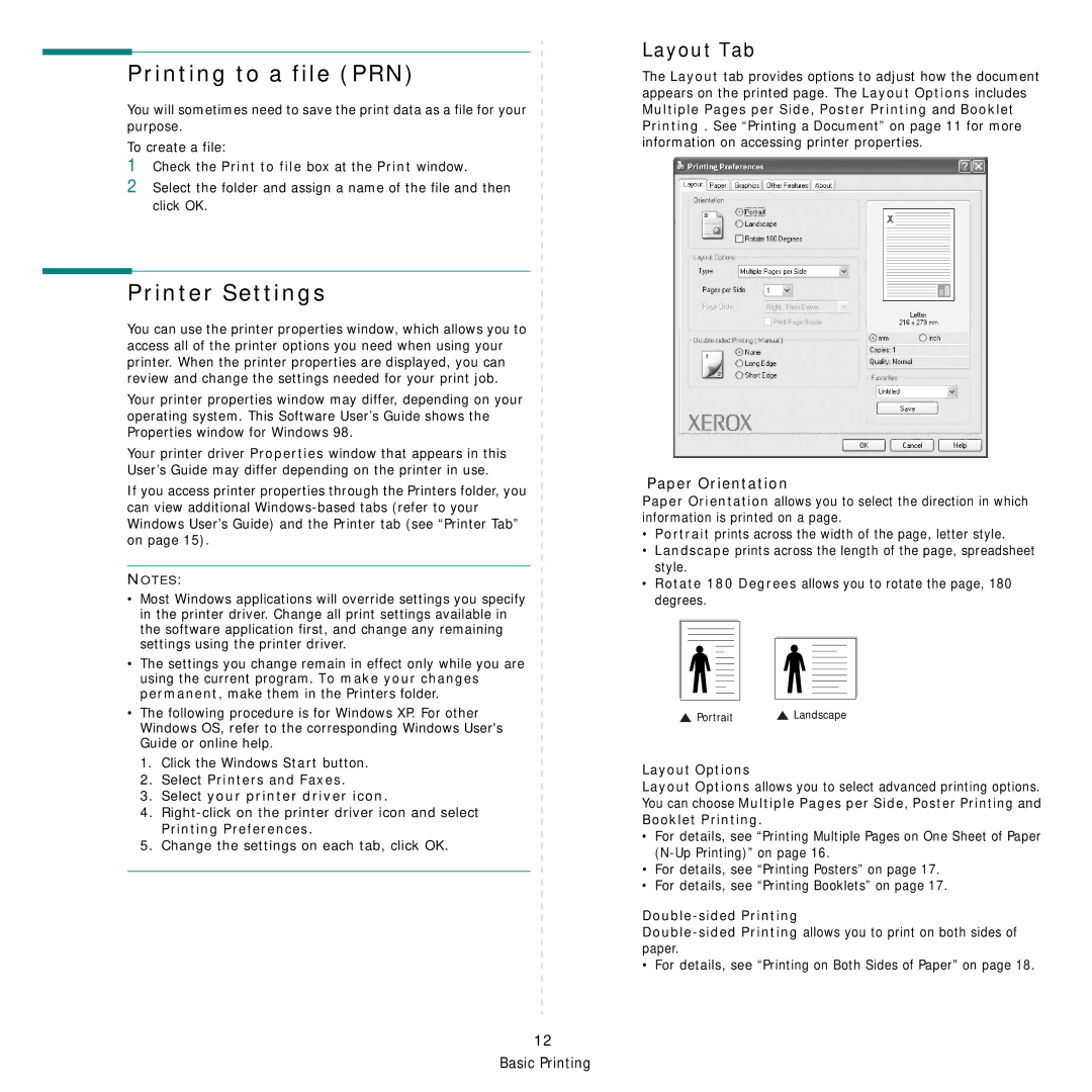 Xerox Printer fwww manual Printing to a file PRN, Printer Settings, Layout Tab 