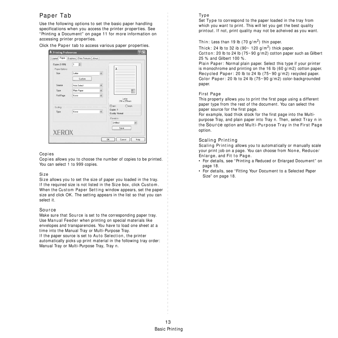 Xerox Printer fwww manual Paper Tab, Copies, Size, Type, First 