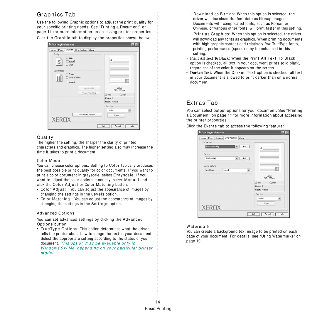 Xerox Printer fwww manual Graphics Tab, Extras Tab, Color Mode, Advanced Options, Watermark 