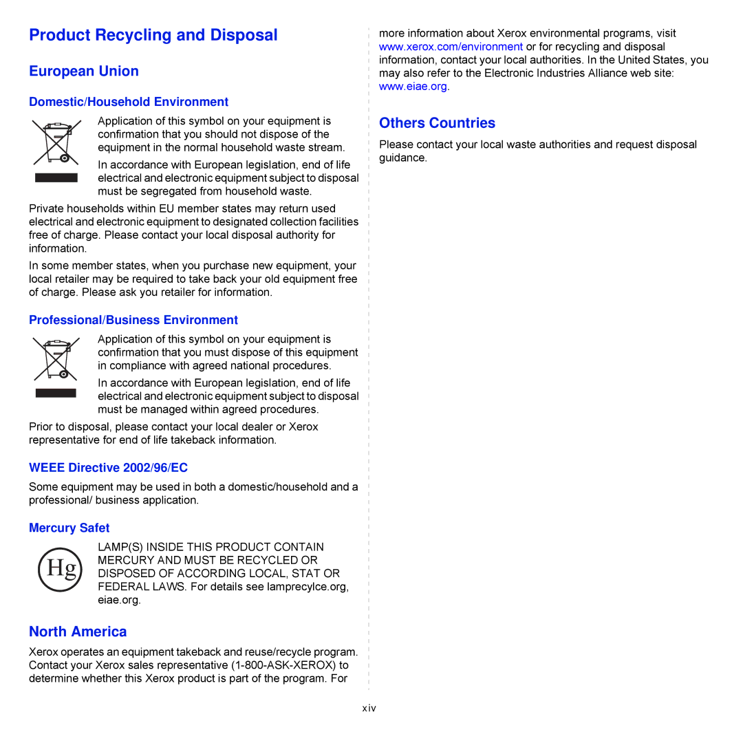 Xerox Printer fwww manual Product Recycling and Disposal 