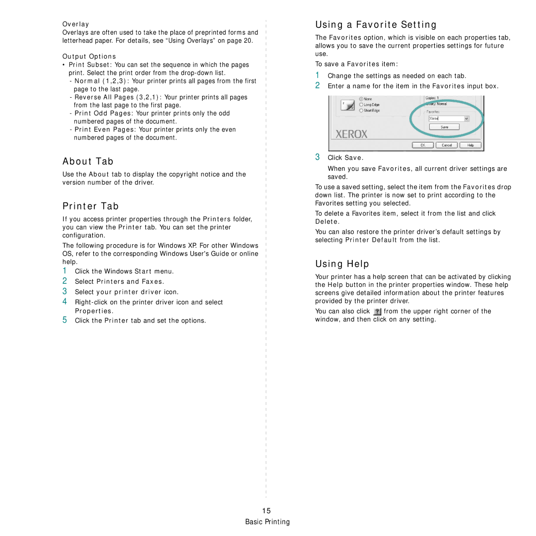 Xerox Printer fwww manual About Tab, Printer Tab, Using a Favorite Setting, Using Help 