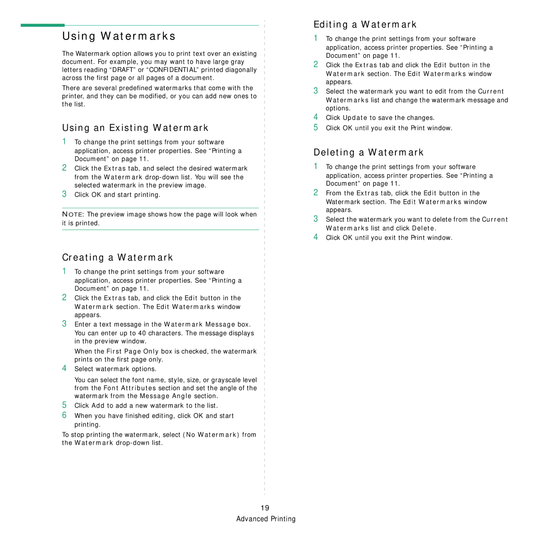 Xerox Printer fwww manual Using Watermarks, Using an Existing Watermark, Creating a Watermark, Editing a Watermark 