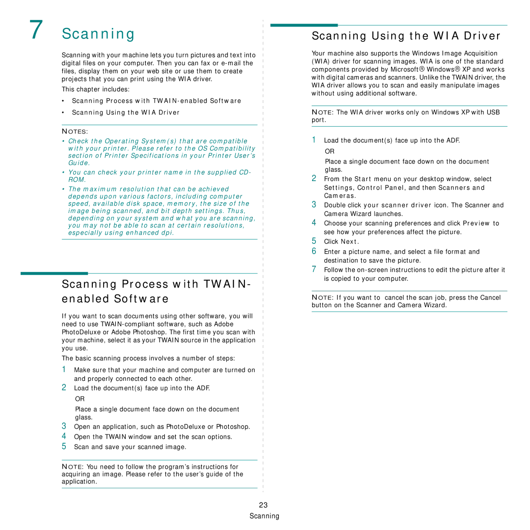 Xerox Printer fwww manual Scanning Process with TWAIN- enabled Software, Scanning Using the WIA Driver 