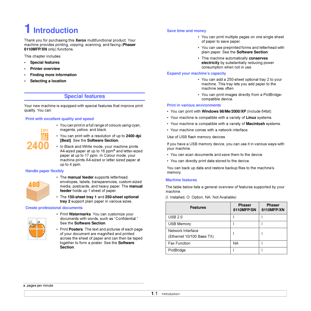 Xerox Printer fwww manual Introduction, Special features, See the Software Section, Features Phaser 6110MFP/SN 6110MFP/XN 