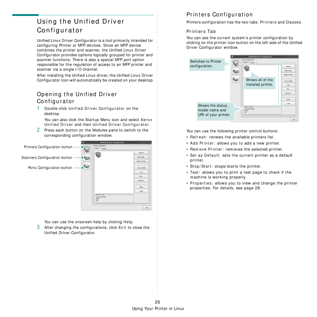 Xerox Printer fwww Using the Unified Driver Configurator, Printers Configuration, Opening the Unified Driver Configurator 