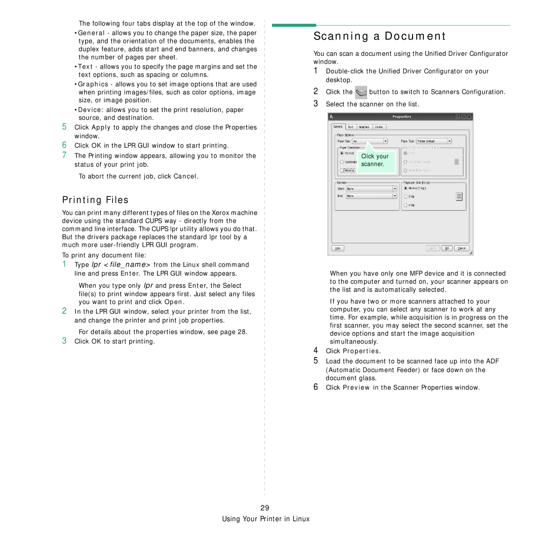 Xerox Printer fwww manual Scanning a Document, Printing Files, Click Properties 