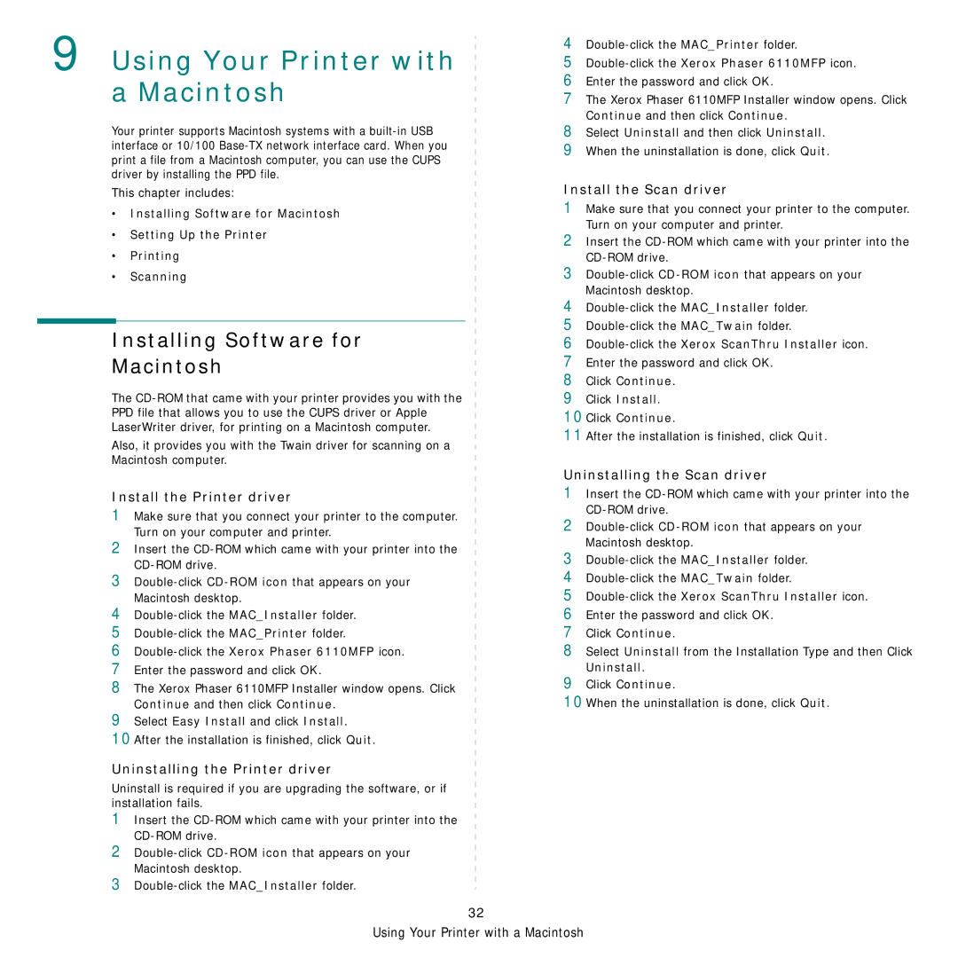 Xerox Printer fwww manual Installing Software for Macintosh, Select Easy Install and click Install, Click Continue 