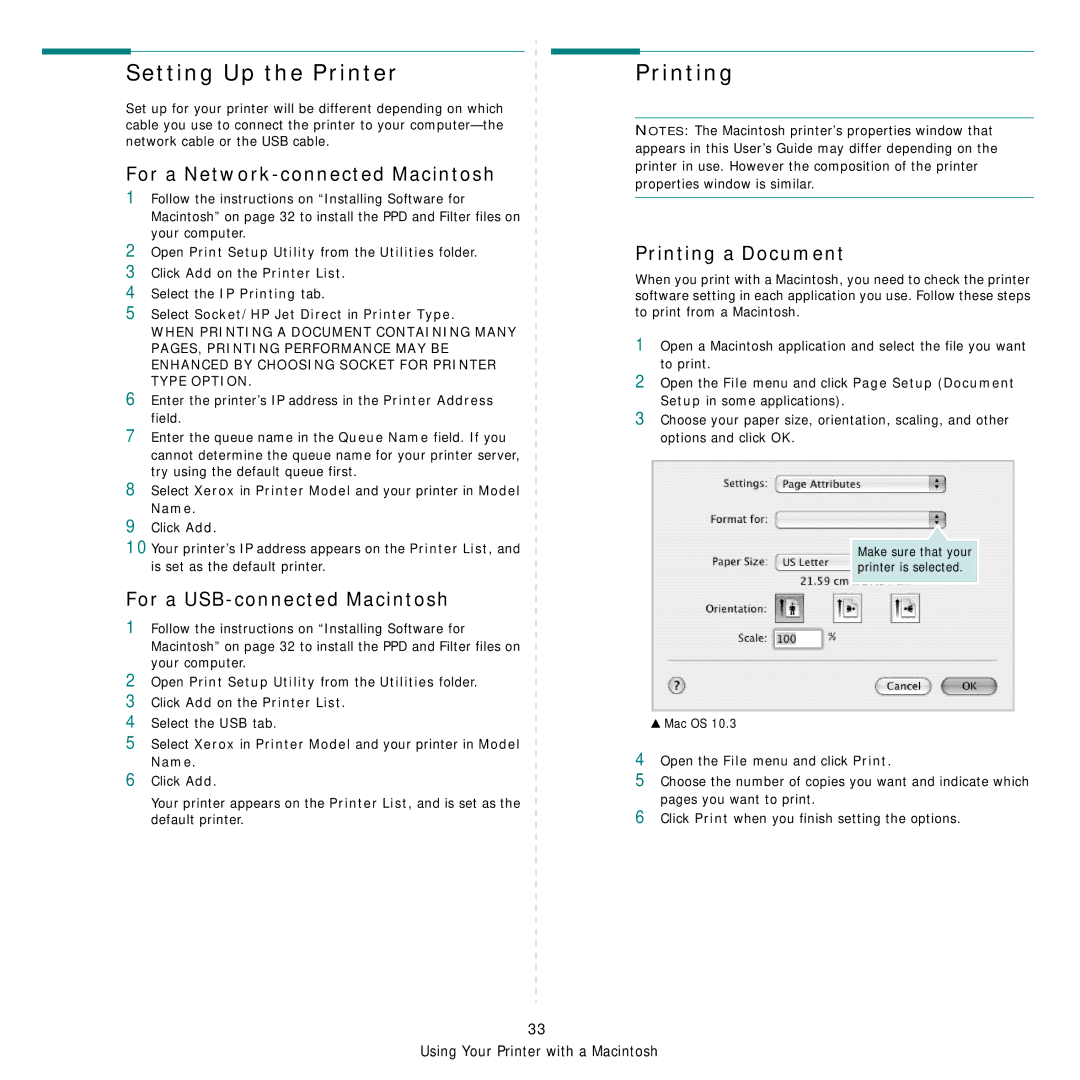 Xerox Printer fwww Setting Up the Printer, Printing, For a Network-connected Macintosh, For a USB-connected Macintosh 