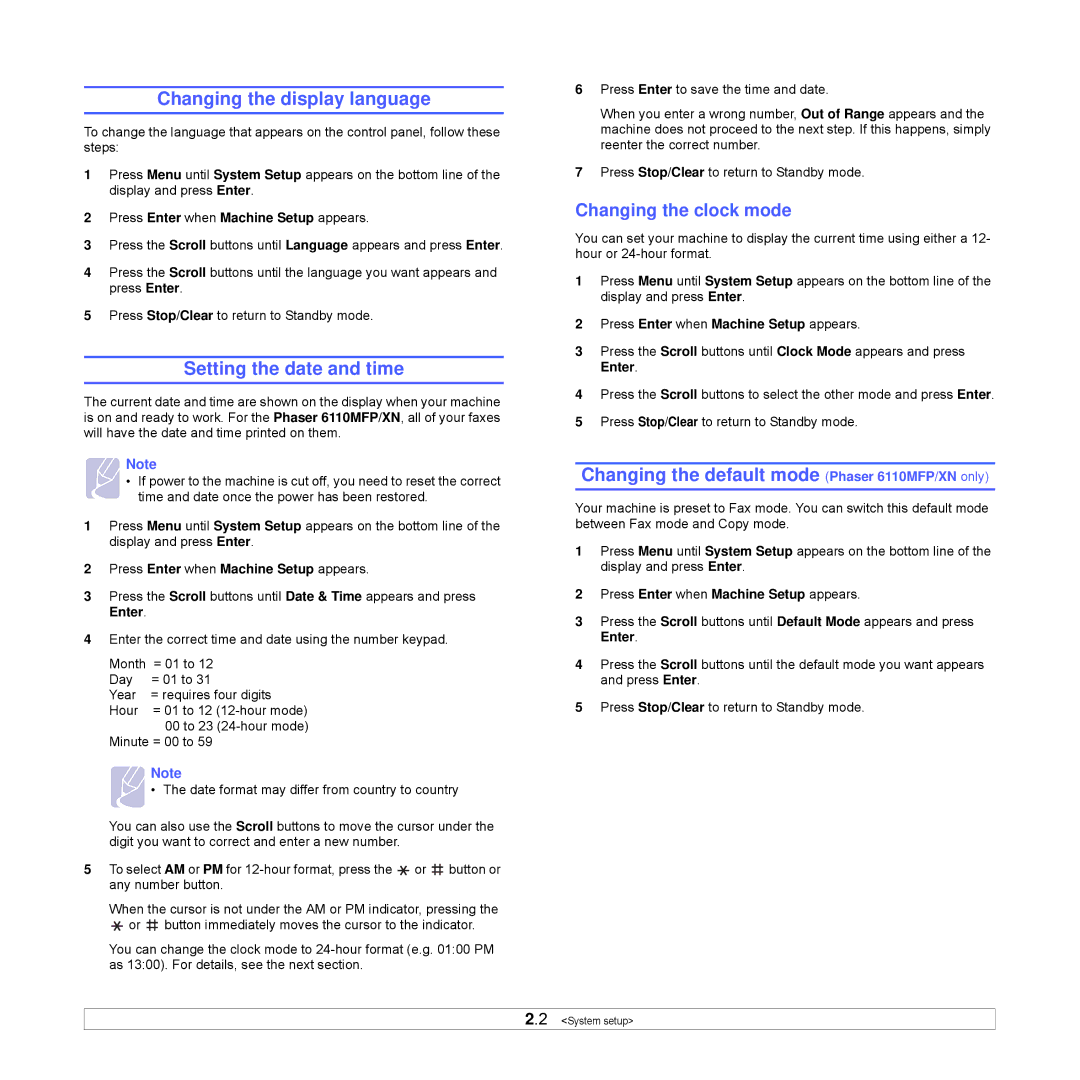 Xerox Printer fwww manual Changing the display language, Setting the date and time, Changing the clock mode 