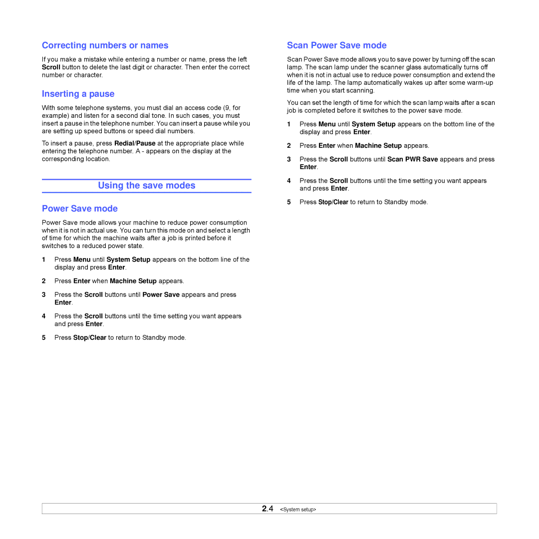 Xerox Printer fwww manual Using the save modes, Correcting numbers or names, Inserting a pause, Power Save mode 