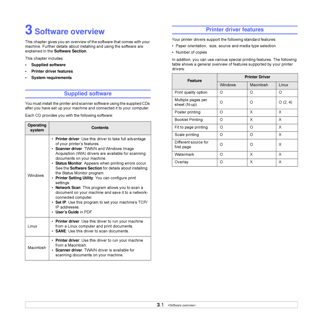 Xerox Printer fwww manual Software overview, Supplied software, Printer driver features, Operating Contents System 