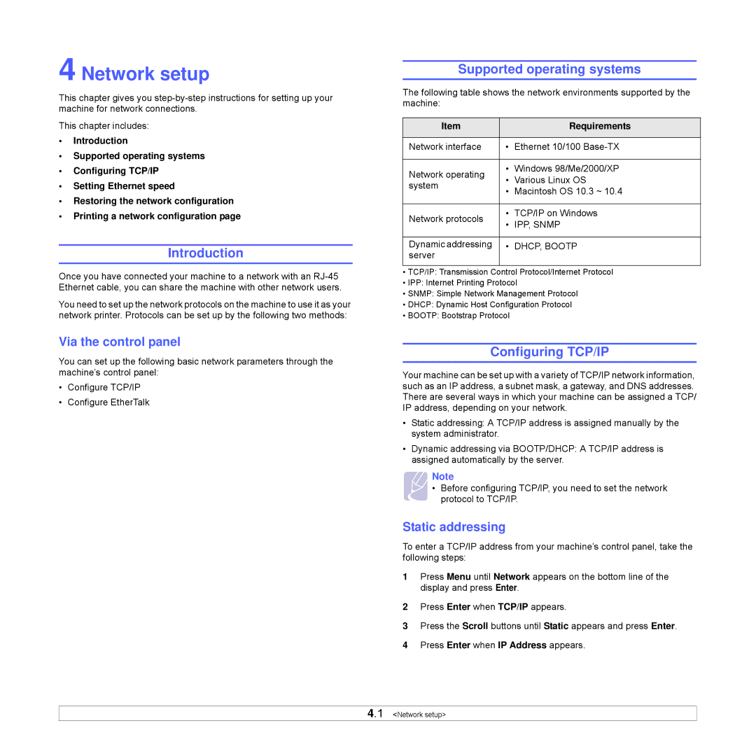 Xerox Printer fwww manual Network setup, Supported operating systems, Configuring TCP/IP, Via the control panel 