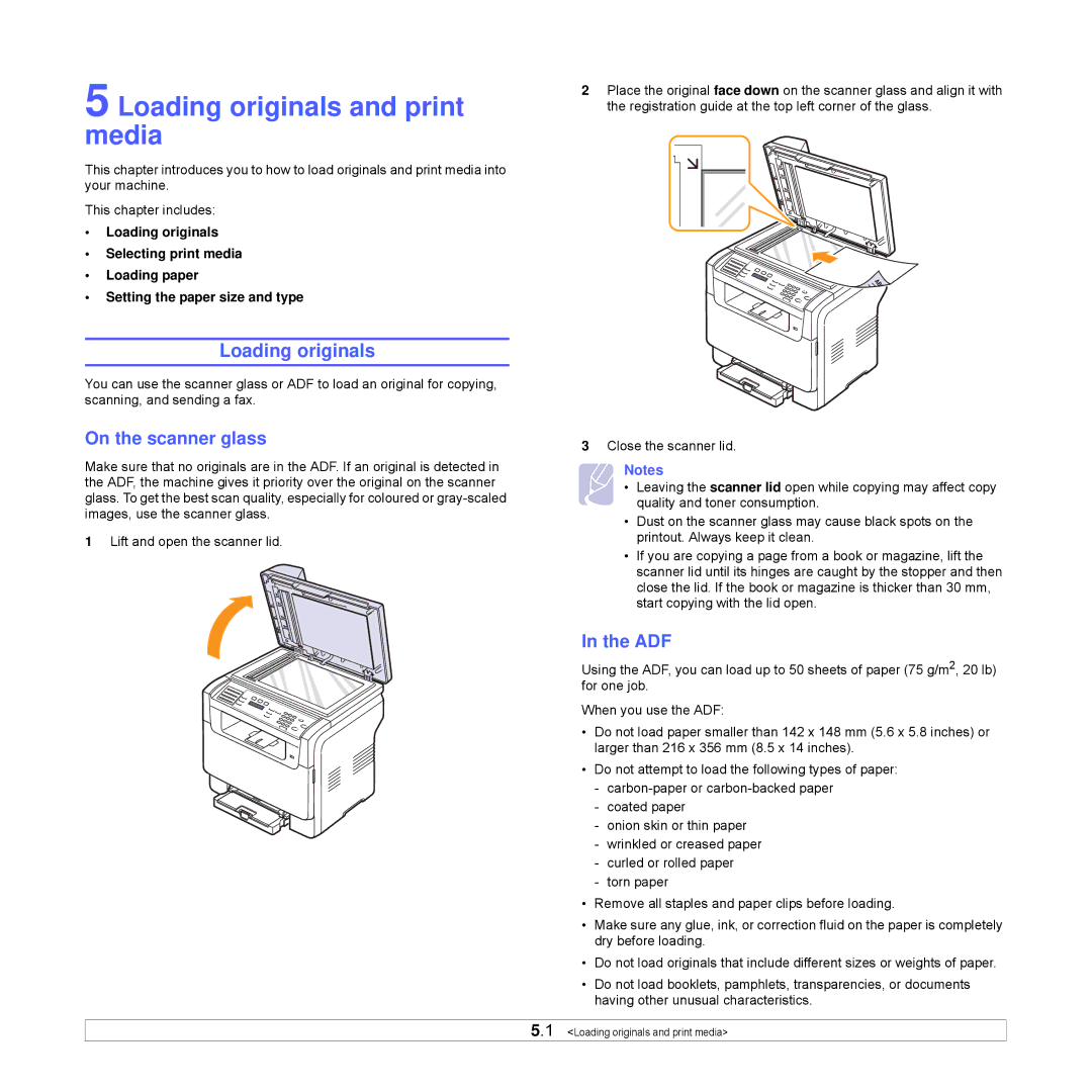 Xerox Printer fwww manual Loading originals and print media, On the scanner glass, Adf 