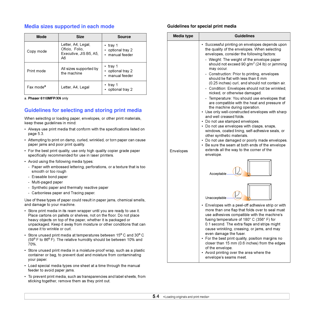 Xerox Printer fwww Media sizes supported in each mode, Guidelines for selecting and storing print media, Mode Size Source 