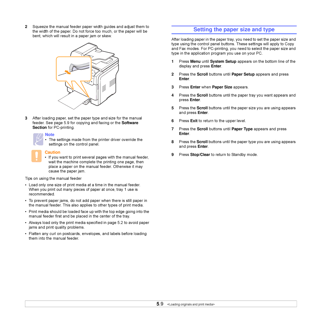 Xerox Printer fwww manual Setting the paper size and type 