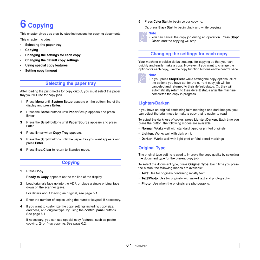 Xerox Printer fwww Copying, Selecting the paper tray, Changing the settings for each copy, Lighten/Darken, Original Type 