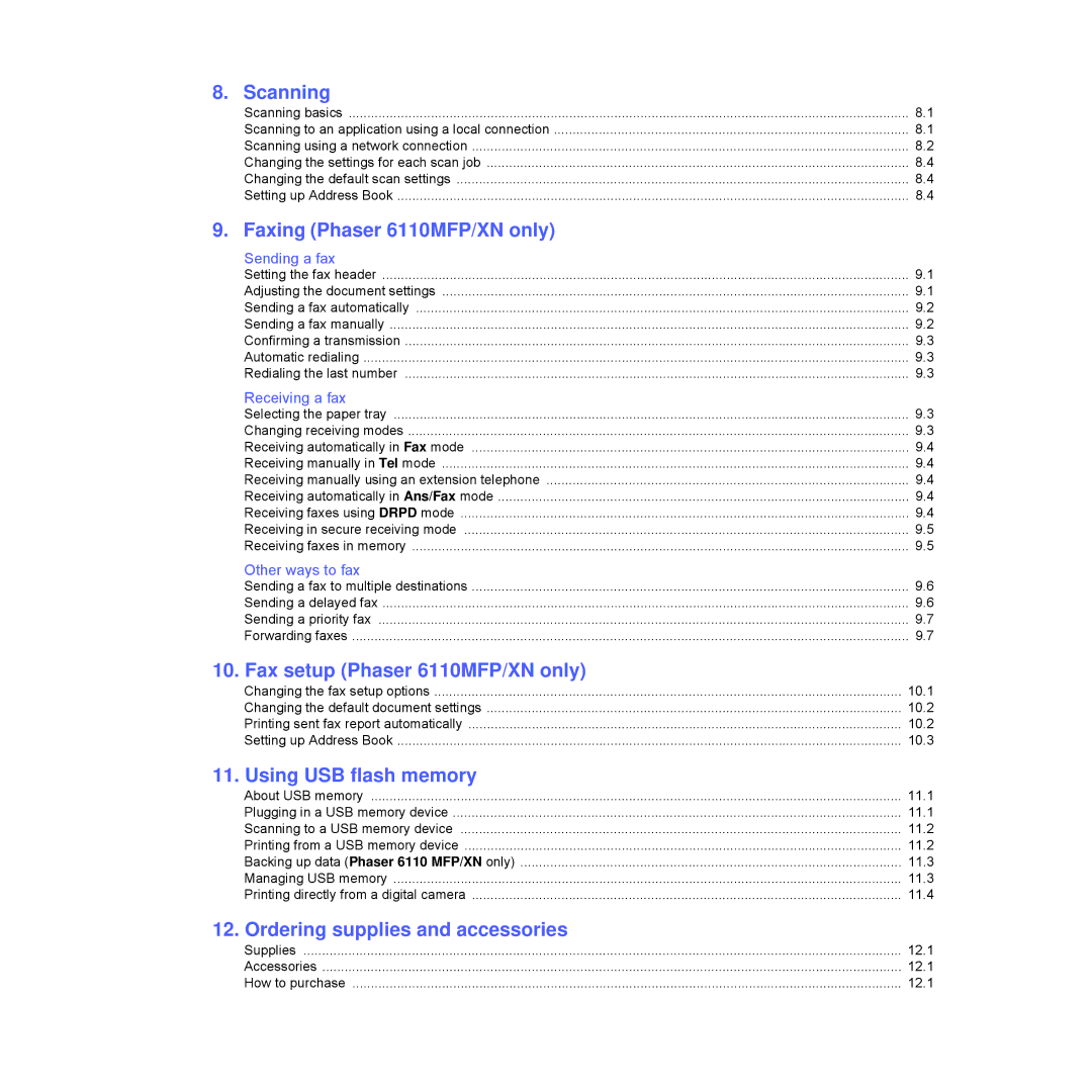 Xerox Printer fwww manual Scanning, Faxing Phaser 6110MFP/XN only, Fax setup Phaser 6110MFP/XN only, Using USB flash memory 