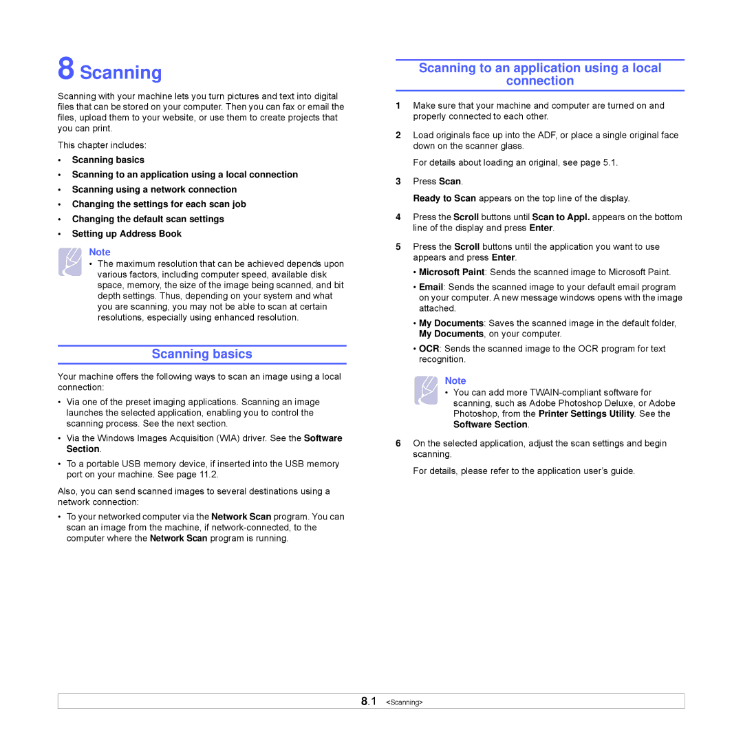 Xerox Printer fwww manual Scanning basics, Scanning to an application using a local Connection 