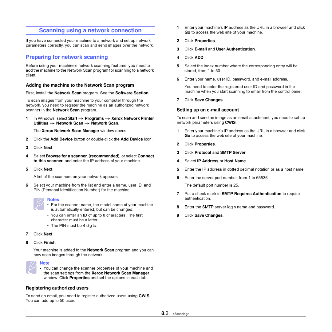 Xerox Printer fwww manual Scanning using a network connection, Preparing for network scanning, Registering authorized users 