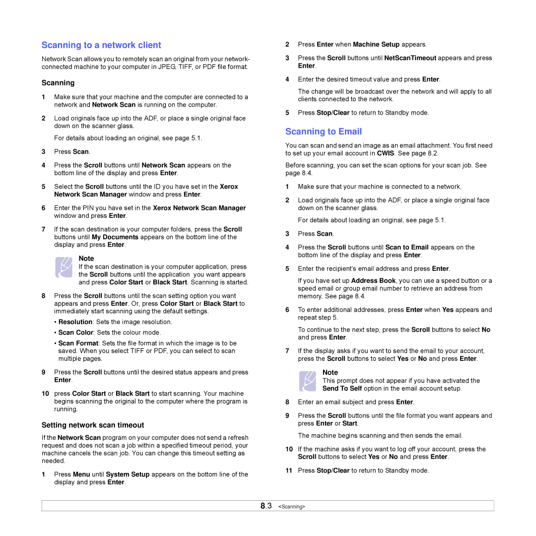 Xerox Printer fwww manual Scanning to a network client, Scanning to Email, Setting network scan timeout 