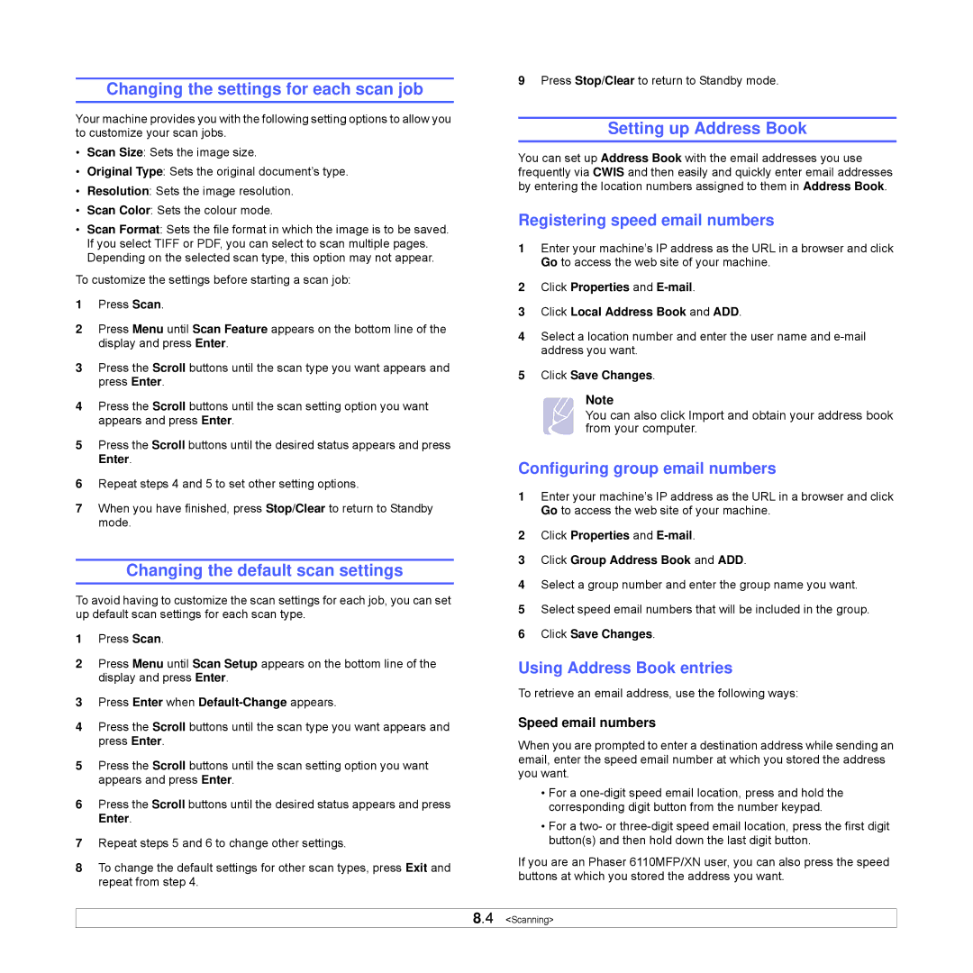 Xerox Printer fwww Changing the settings for each scan job, Changing the default scan settings, Setting up Address Book 