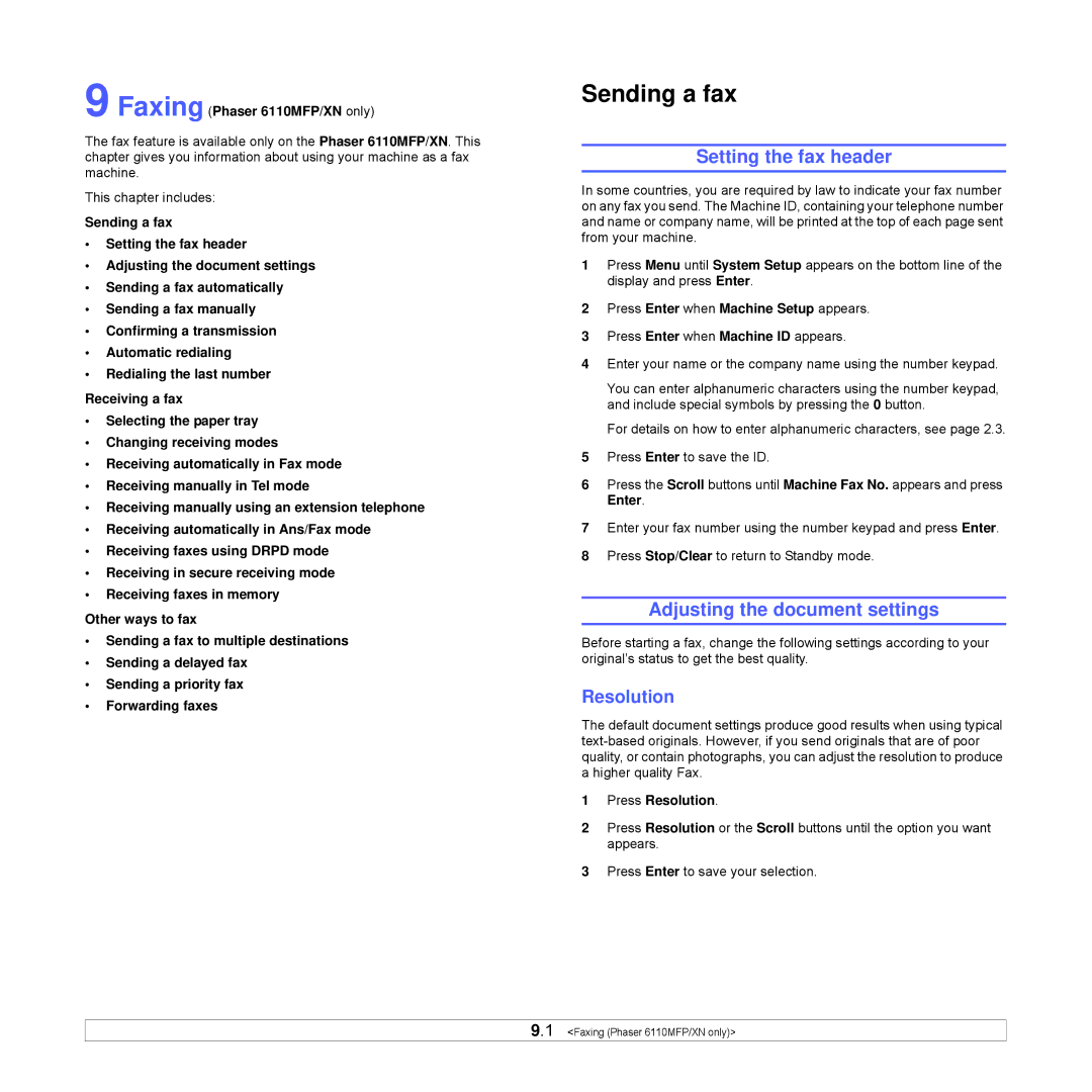 Xerox Printer fwww Setting the fax header, Adjusting the document settings, Resolution, Faxing Phaser 6110MFP/XN only 