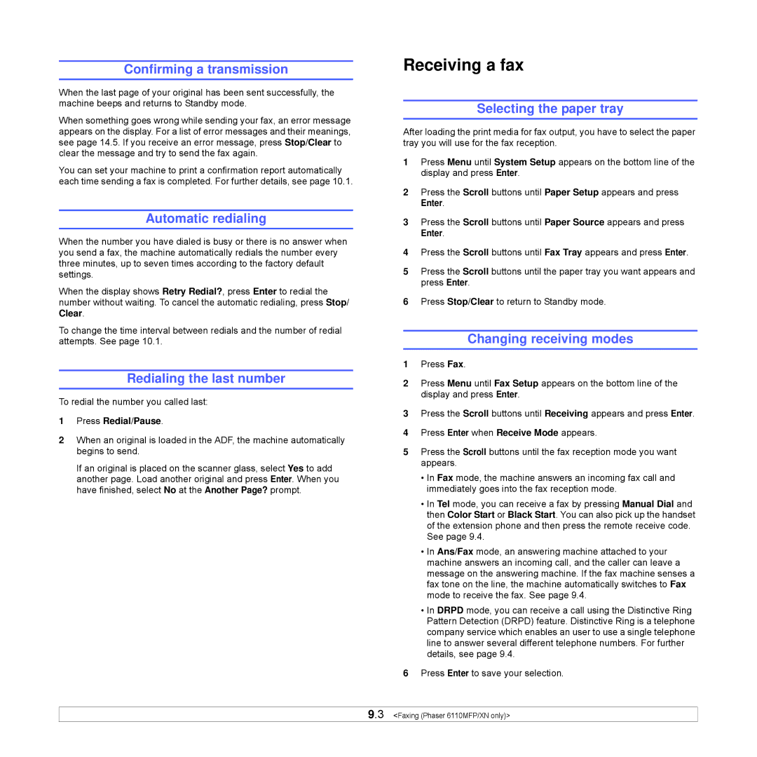 Xerox Printer fwww Confirming a transmission, Automatic redialing, Redialing the last number, Changing receiving modes 