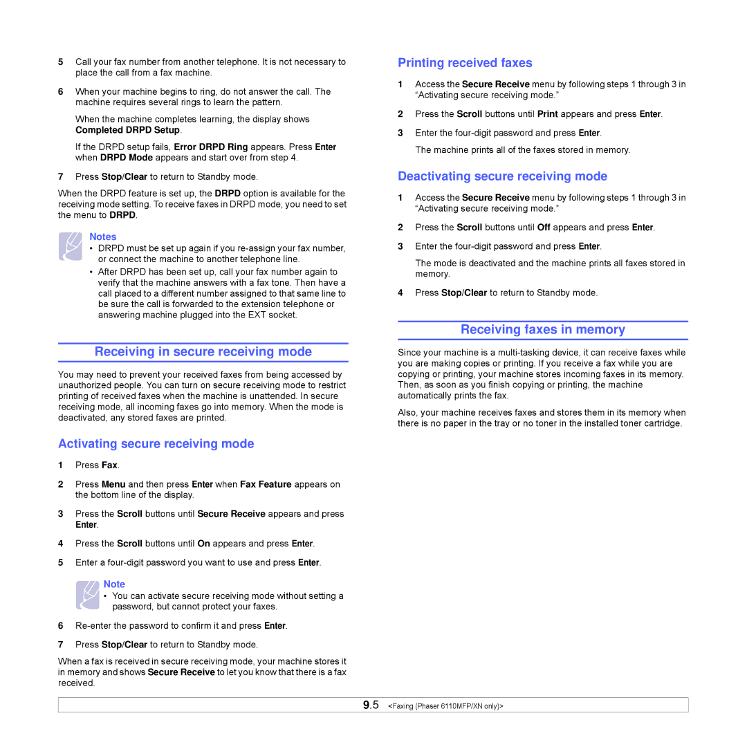 Xerox Printer fwww manual Receiving in secure receiving mode, Receiving faxes in memory, Activating secure receiving mode 