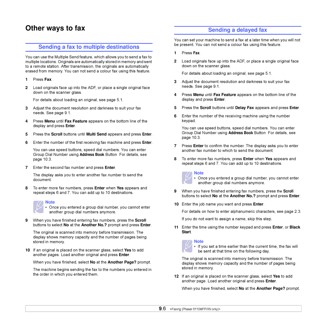 Xerox Printer fwww manual Sending a fax to multiple destinations, Sending a delayed fax 