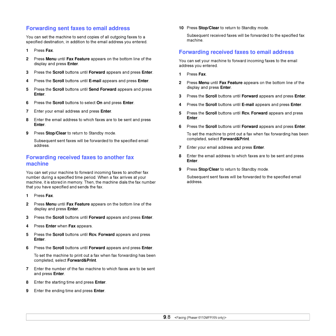 Xerox Printer fwww manual Forwarding sent faxes to email address, Forwarding received faxes to another fax machine 