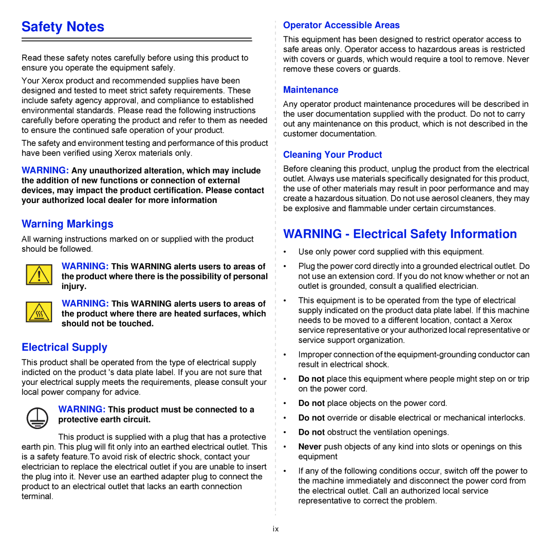 Xerox Printer fwww manual Safety Notes 