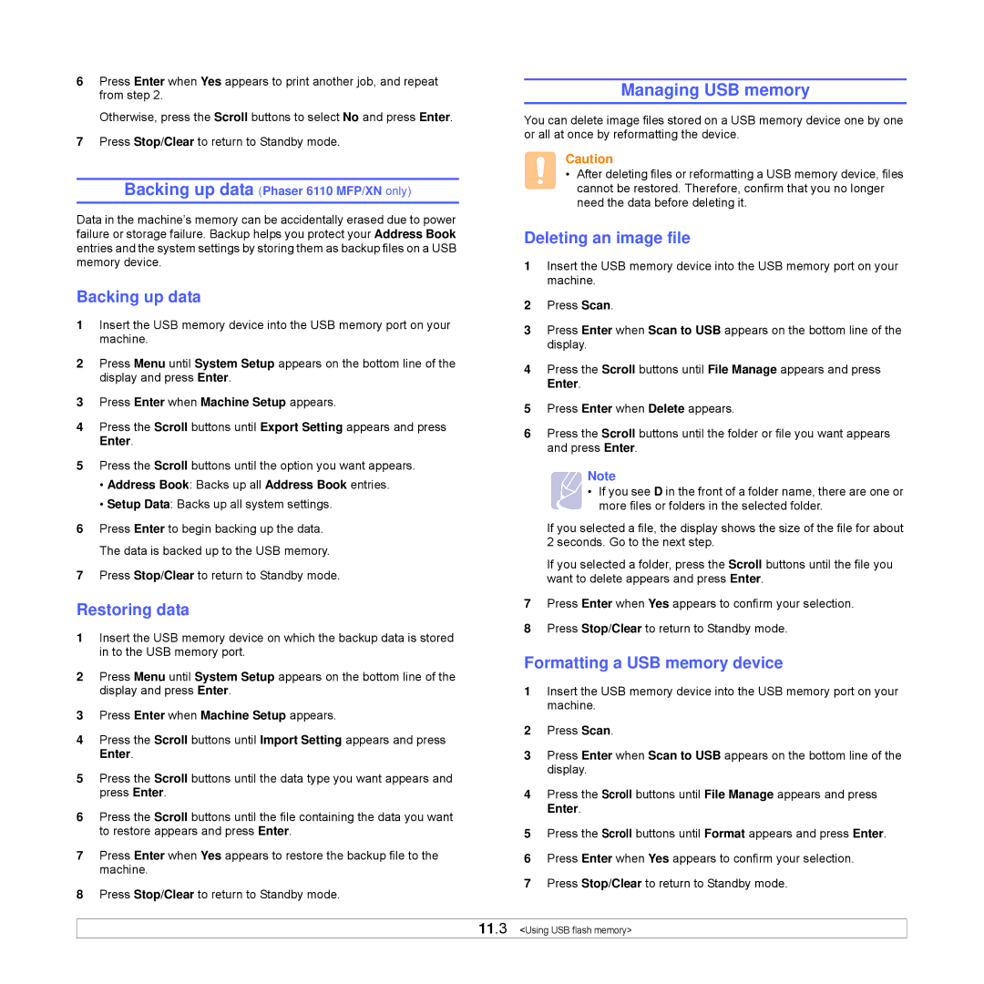 Xerox Printer fwww manual Managing USB memory, Backing up data, Restoring data, Deleting an image file 