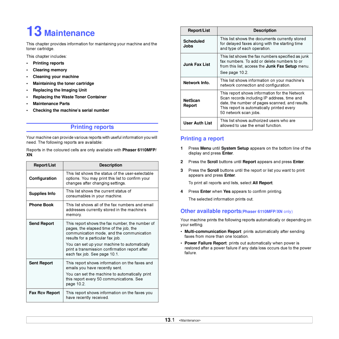 Xerox Printer fwww manual Maintenance, Printing reports, Printing a report, Other available reportsPhaser 6110MFP/XN only 