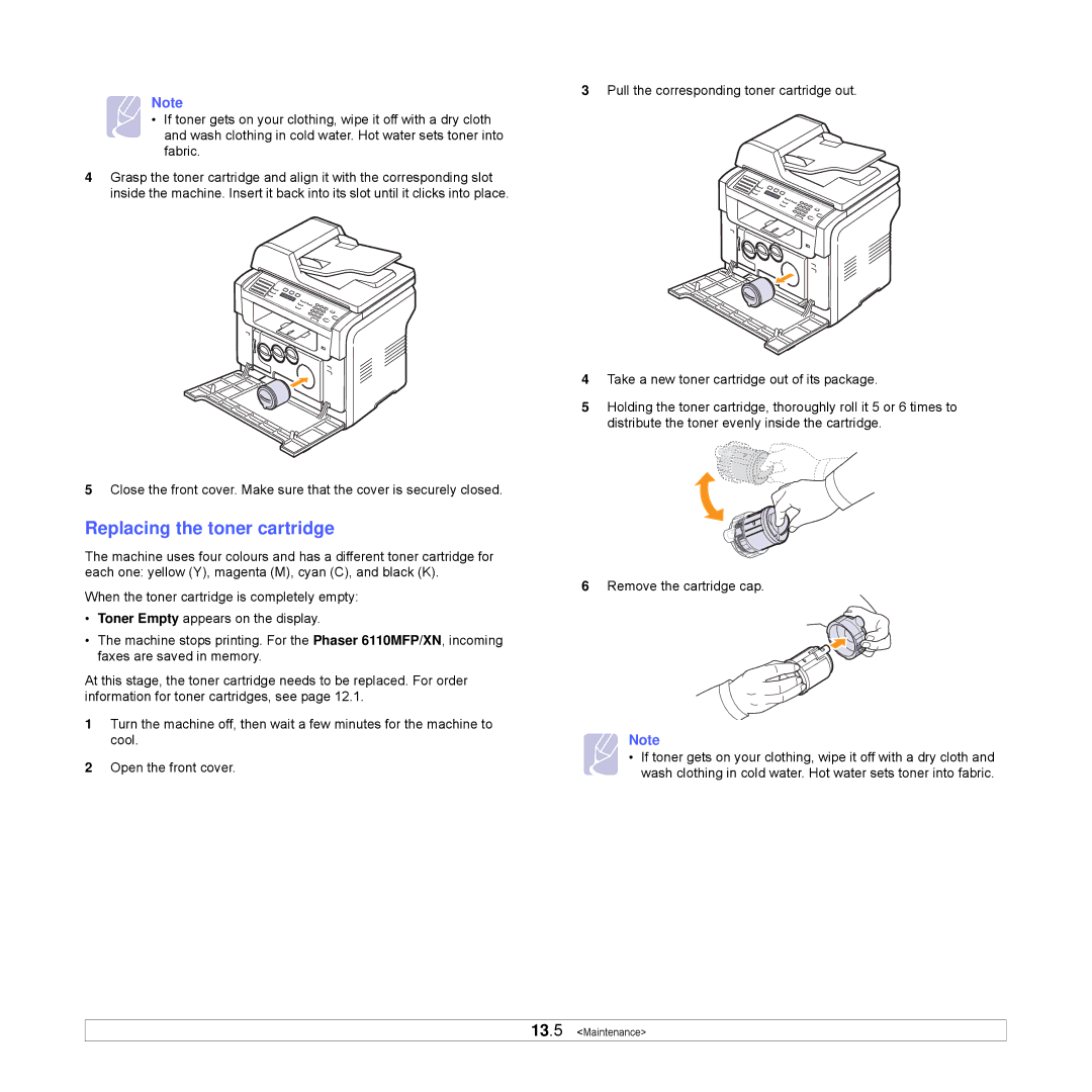 Xerox Printer fwww manual Replacing the toner cartridge 