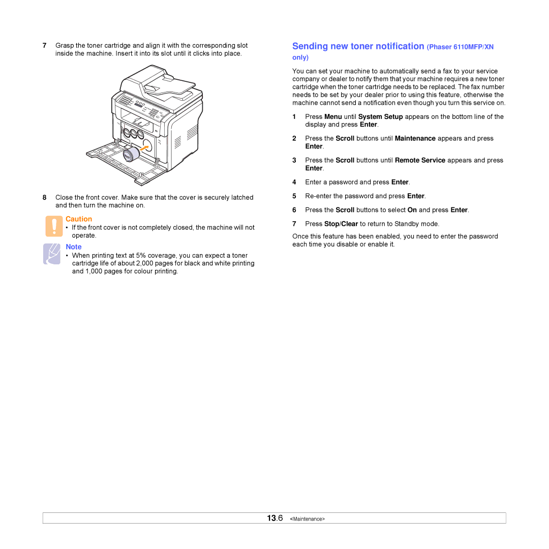 Xerox Printer fwww manual Sending new toner notification Phaser 6110MFP/XN, Only 