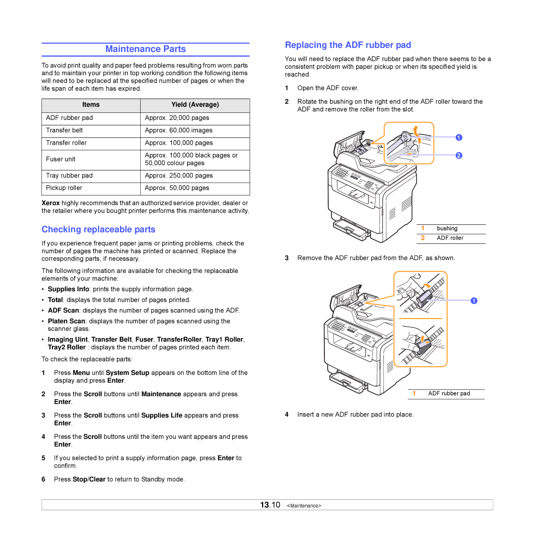 Xerox Printer fwww manual Maintenance Parts, Checking replaceable parts, Replacing the ADF rubber pad, Items Yield Average 