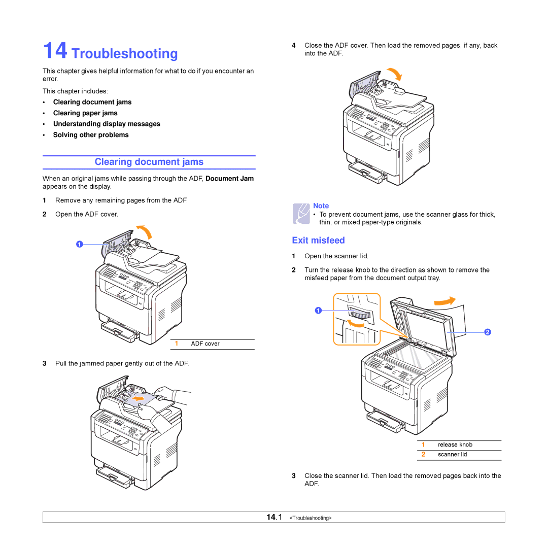 Xerox Printer fwww manual Troubleshooting, Clearing document jams, Exit misfeed 