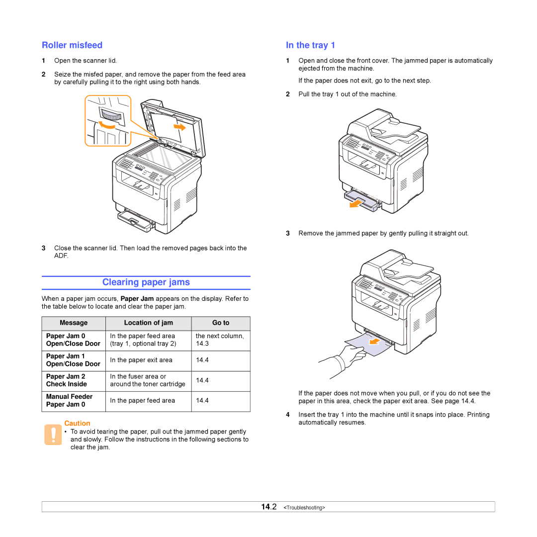 Xerox Printer fwww manual Clearing paper jams, Roller misfeed 