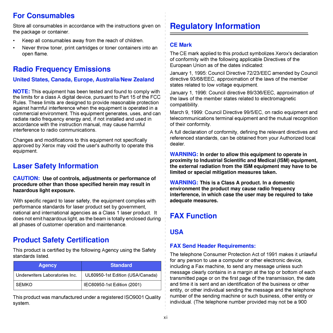 Xerox Printer fwww manual Regulatory Information 