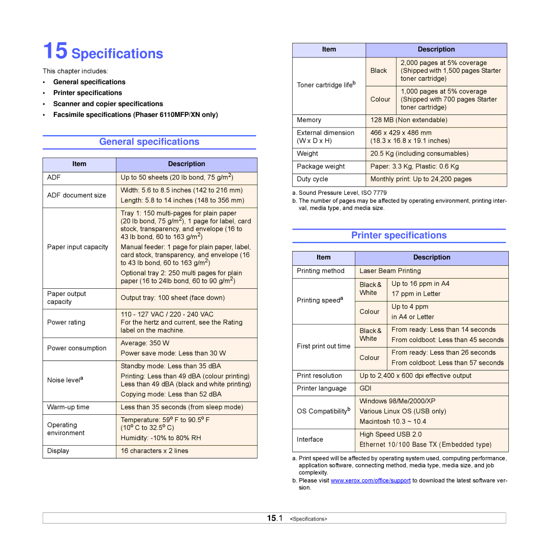 Xerox Printer fwww manual Specifications, General specifications, Printer specifications 