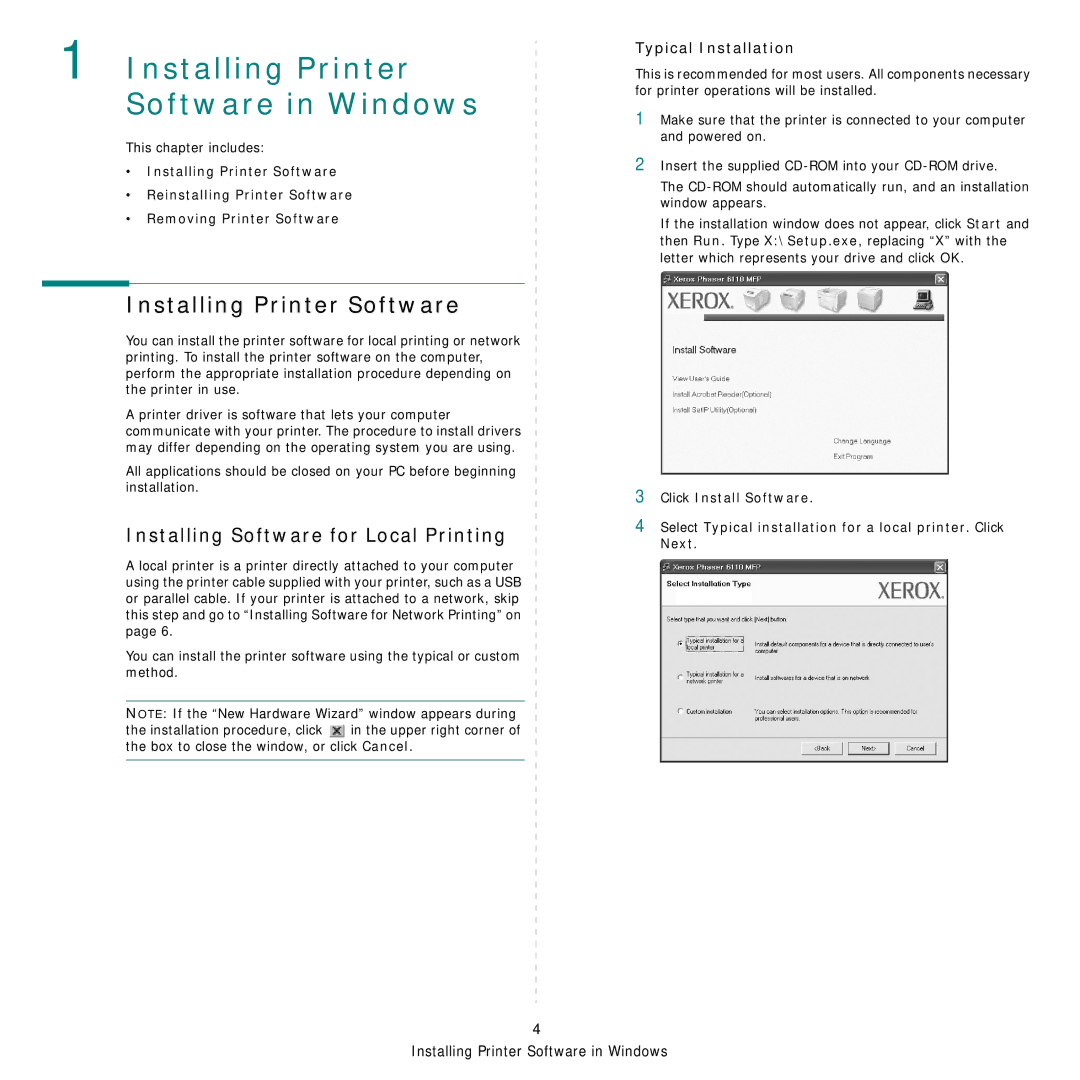 Xerox Printer fwww manual Installing Printer Software, Installing Software for Local Printing 