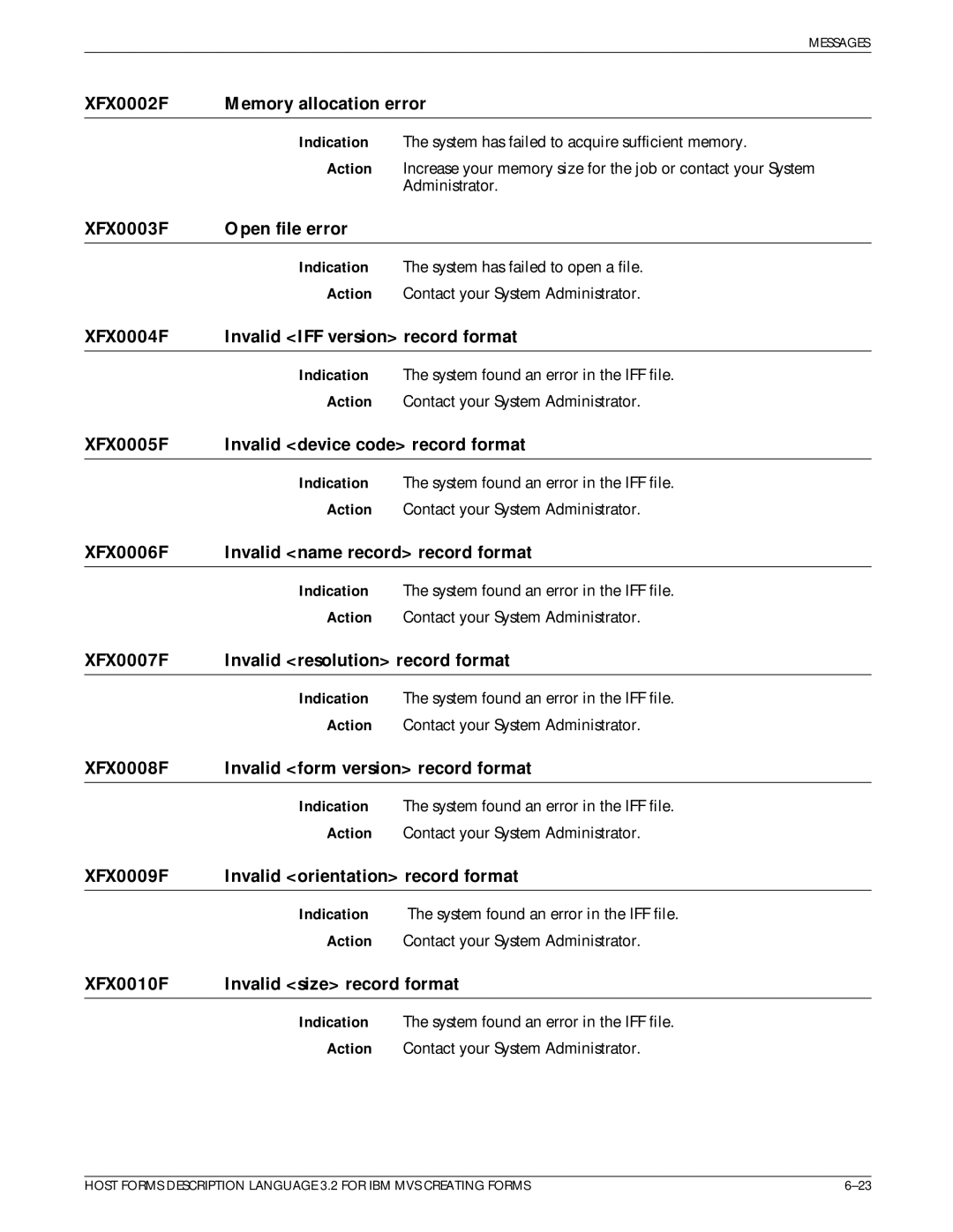 Xerox Printer manual XFX0002F Memory allocation error, XFX0003F Open file error, XFX0004F Invalid IFF version record format 