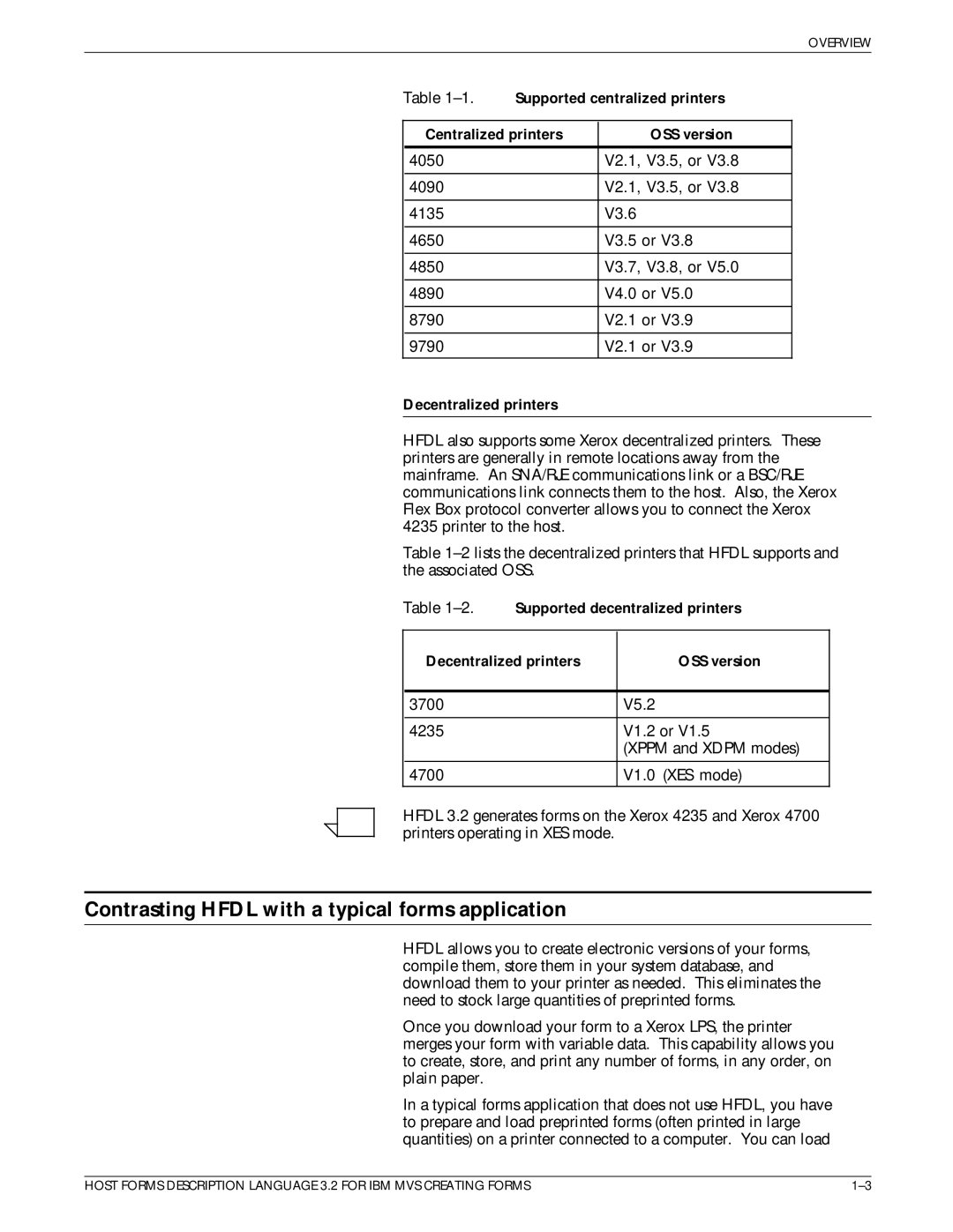 Xerox Printer Contrasting Hfdl with a typical forms application, Supported centralized printers, Decentralized printers 