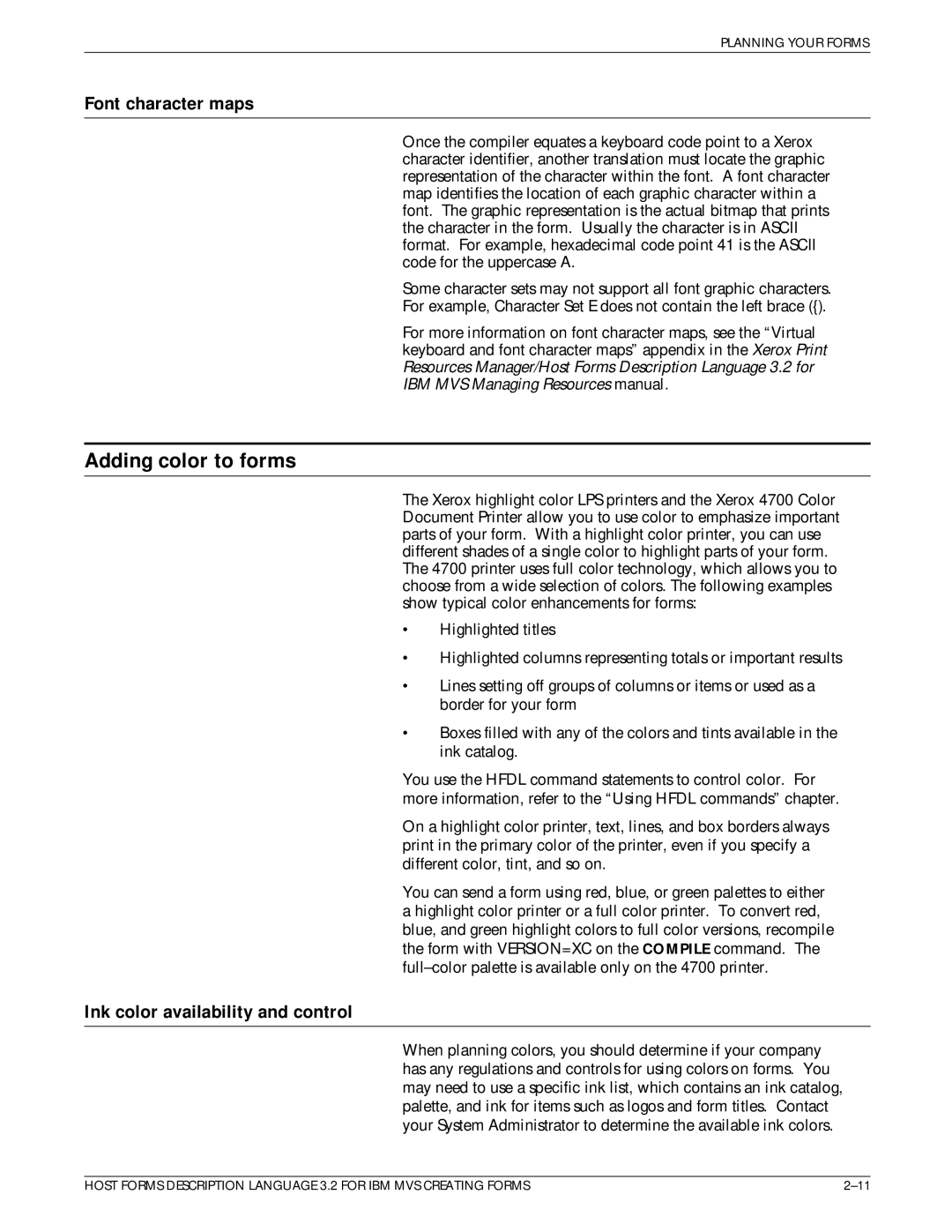 Xerox Printer manual Adding color to forms, Font character maps, Ink color availability and control 