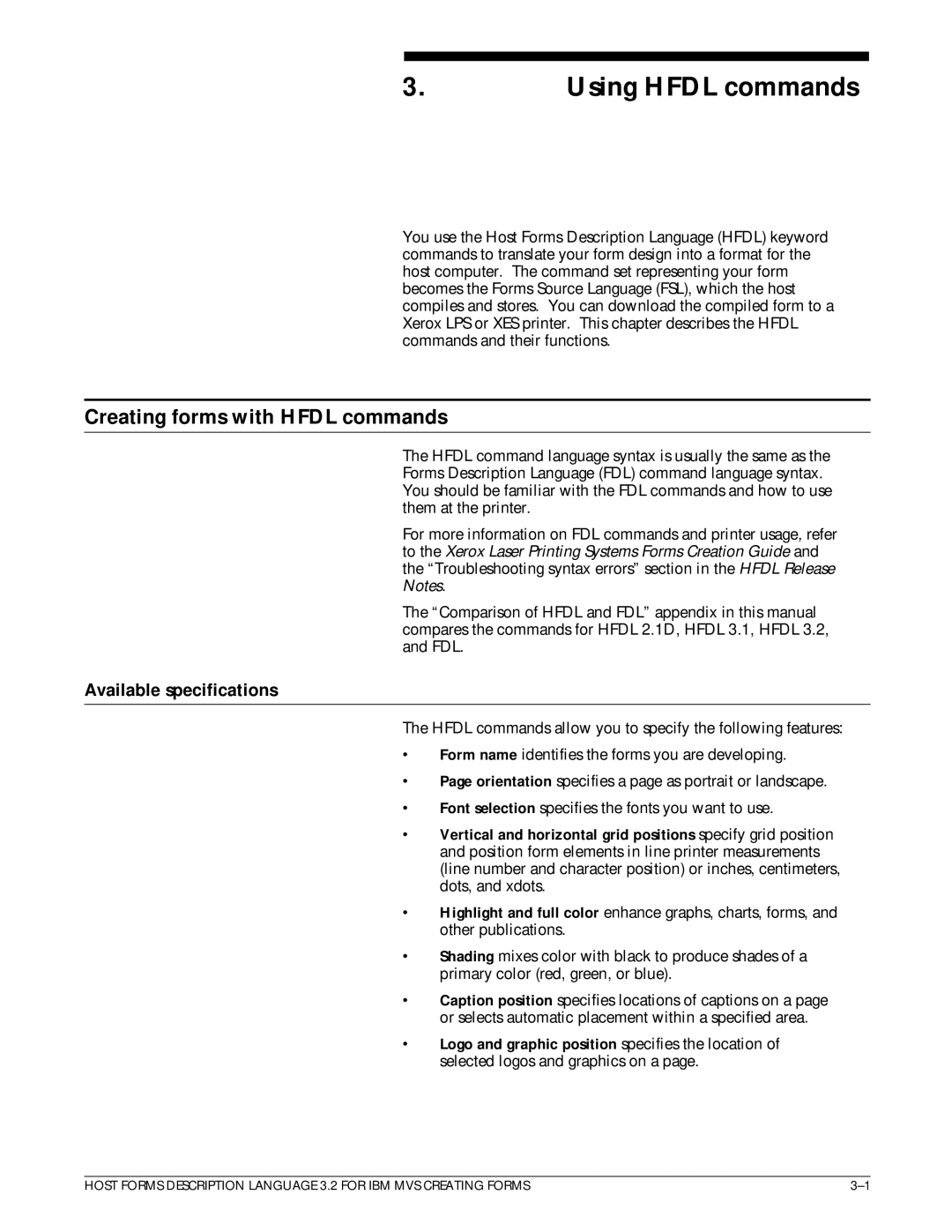 Xerox Printer manual Using Hfdl commands, Creating forms with Hfdl commands, Available specifications 