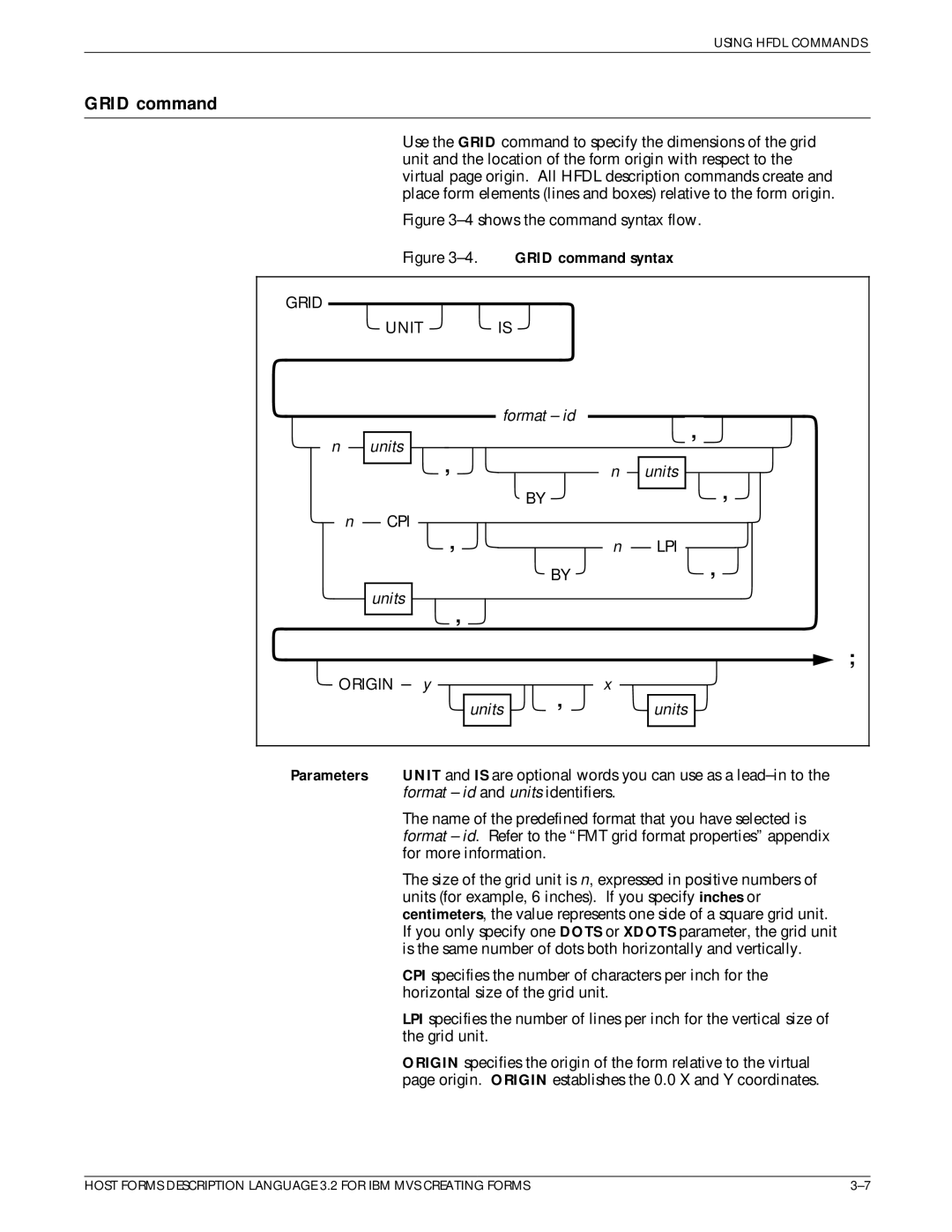 Xerox Printer manual Grid command, Grid Unit, Cpi Lpi, Origin 