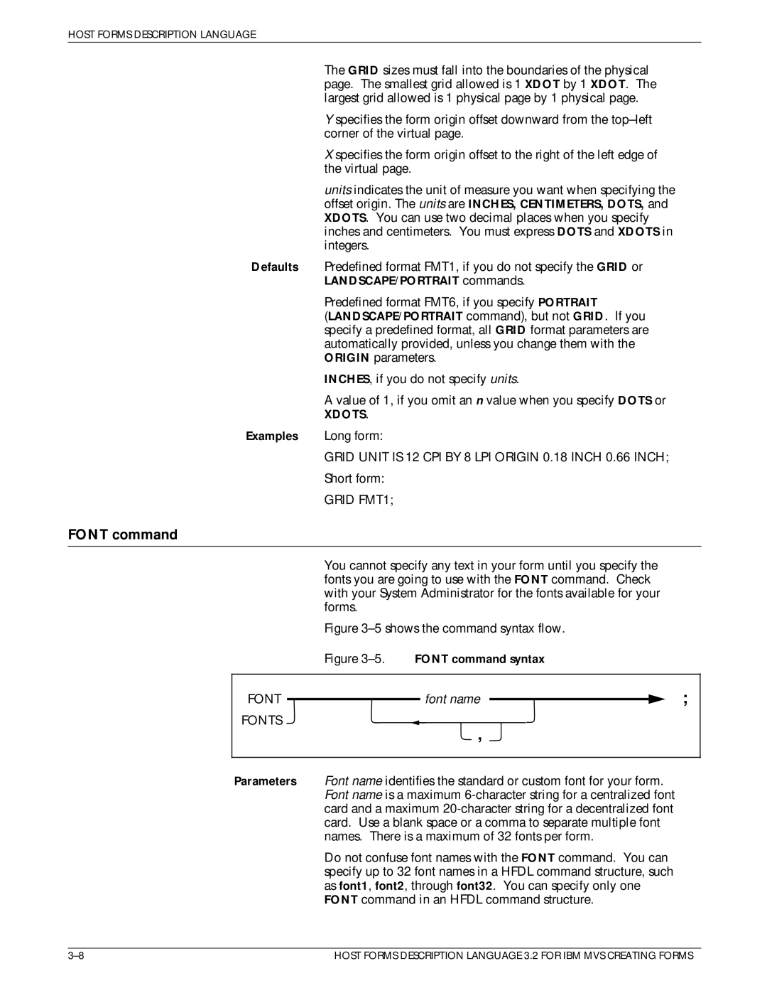 Xerox Printer manual Font command, LANDSCAPE/PORTRAIT commands, Grid Unit is 12 CPI by 8 LPI Origin 0.18 Inch 0.66 Inch 