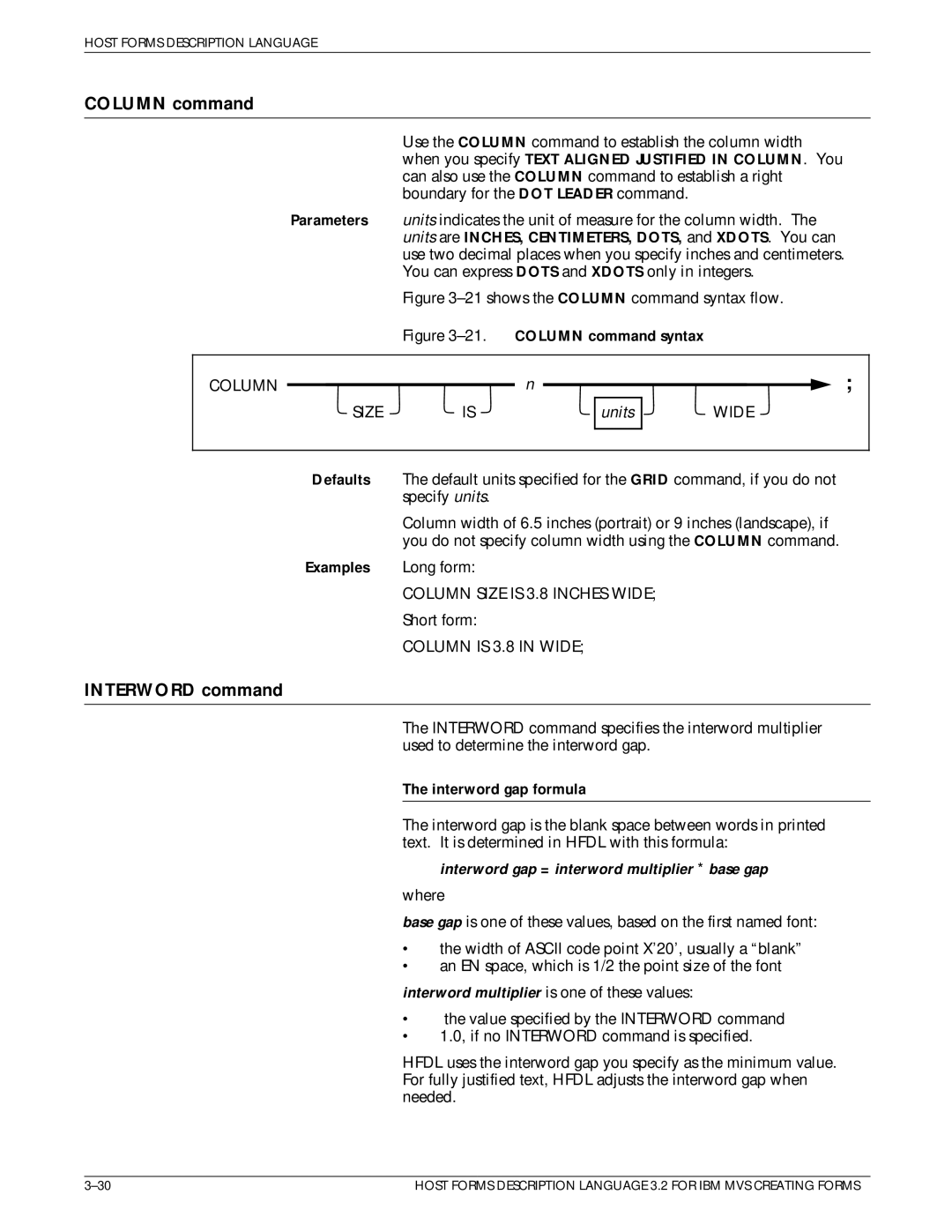 Xerox Printer manual Column command, Interword command, Interword gap formula 