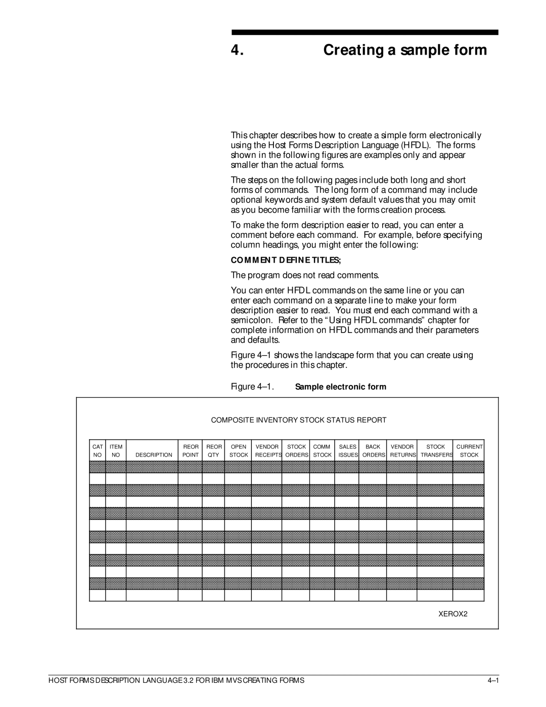 Xerox Printer manual Creating a sample form, Comment Define Titles 