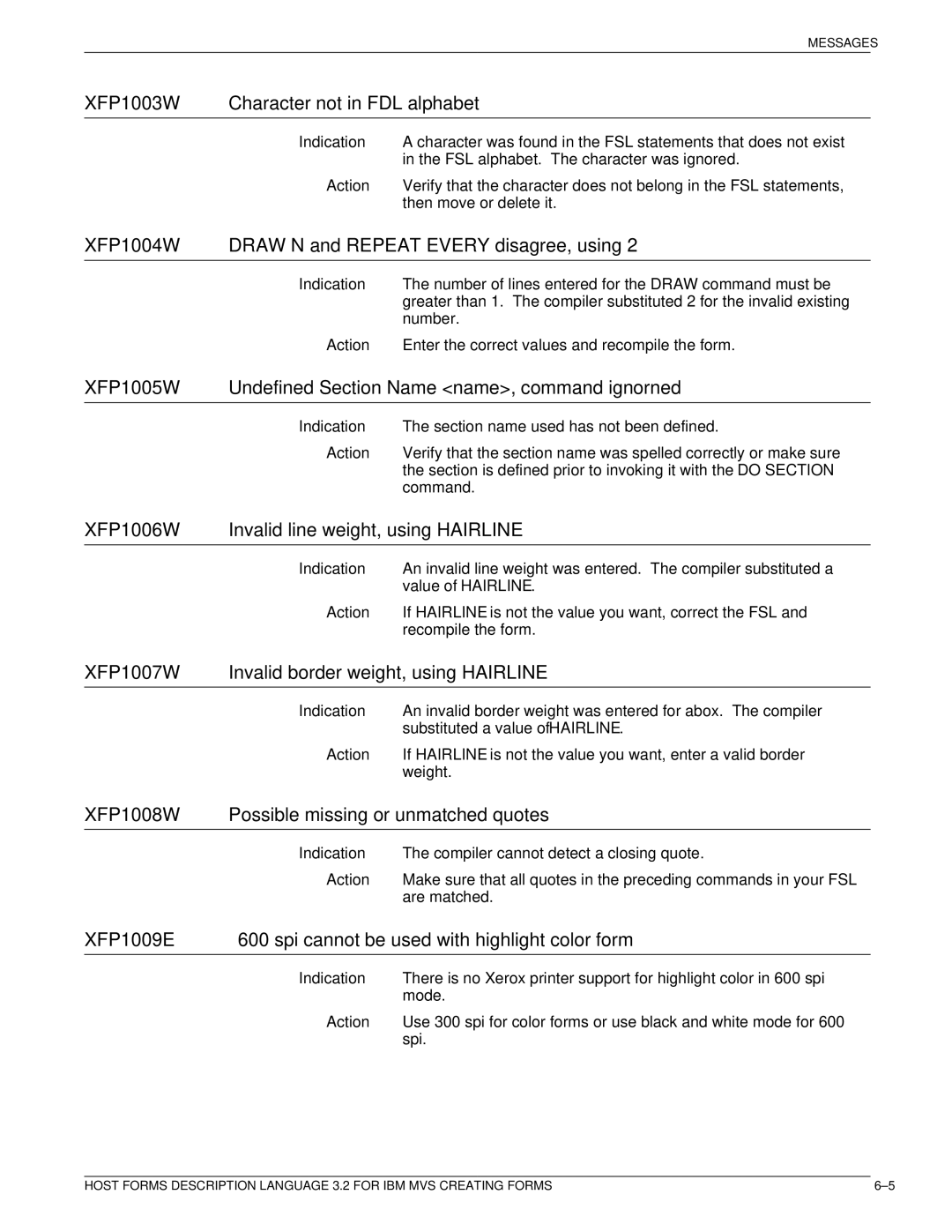 Xerox Printer manual XFP1003W Character not in FDL alphabet, XFP1004W Draw N and Repeat Every disagree, using 